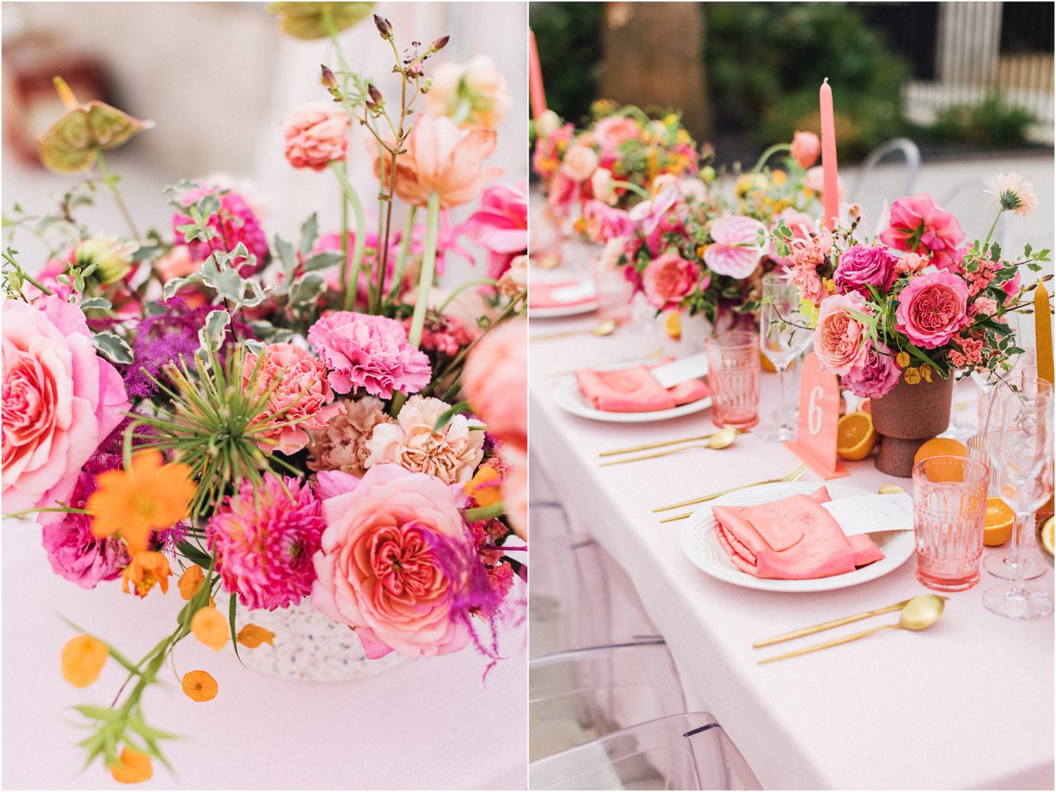 Bright Pink Wedding Reception Tablescape with Citrus Tones ...