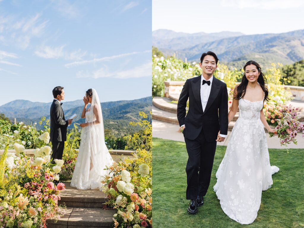 Bride wiping tears during wedding vows at Holman Ranch in Carmel Valley, surrounded by organic garden-inspired florals and vineyard backdrop.