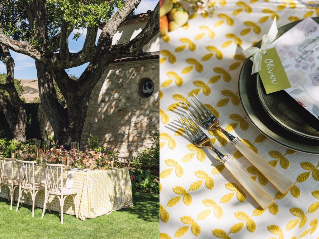 Maximalist outdoor wedding tablescape at Holman Ranch in Carmel Valley with yellow embroidered BBJ La Tavola linens, organic floral centerpieces by Amy West Floral, and vineyard garden backdrop.