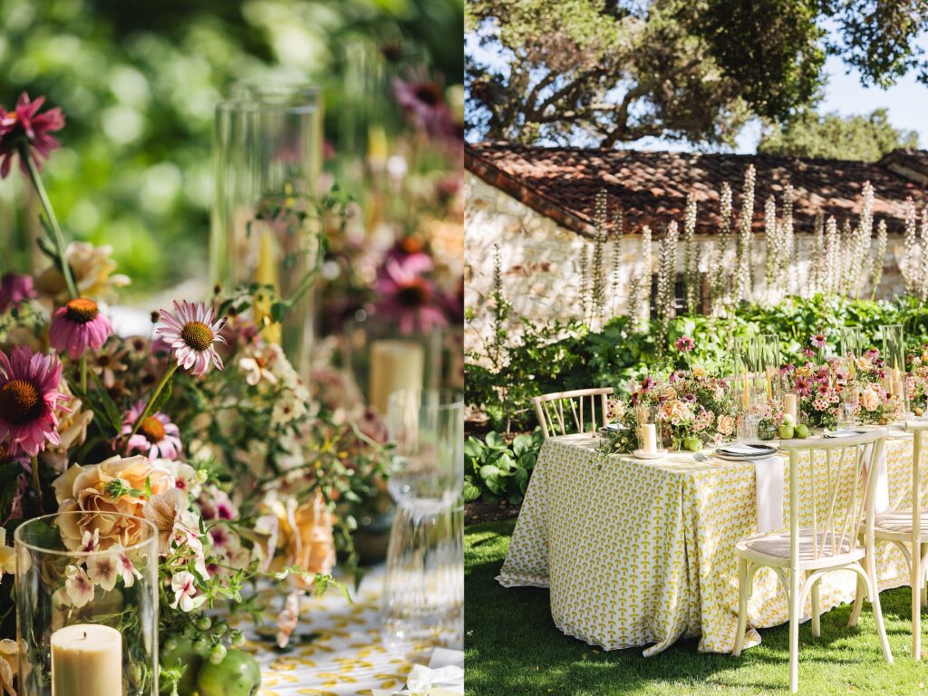 Maximalist outdoor wedding tablescape at Holman Ranch in Carmel Valley with yellow embroidered BBJ La Tavola linens, organic floral centerpieces by Amy West Floral, and vineyard garden backdrop.