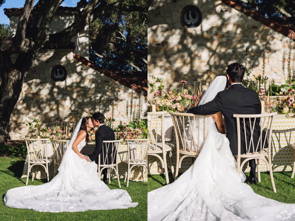 Maximalist outdoor wedding tablescape at Holman Ranch in Carmel Valley with yellow embroidered BBJ La Tavola linens, organic floral centerpieces by Amy West Floral, and vineyard garden backdrop.